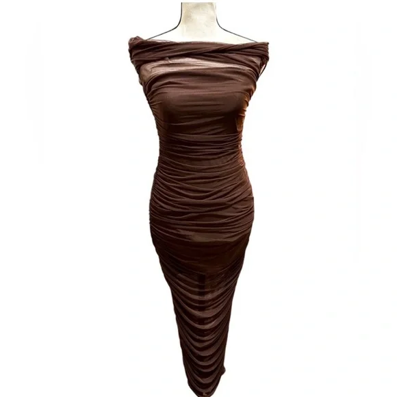 Lulu’s Sunama Brown Mesh Ruched Bodycon Midi Dress XS - Picture 5 of 6